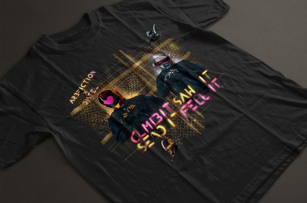 A white crew neck t-shirt with a colorful graphic print in the center, featuring a mix of human-robot hybrids and abstract designs.