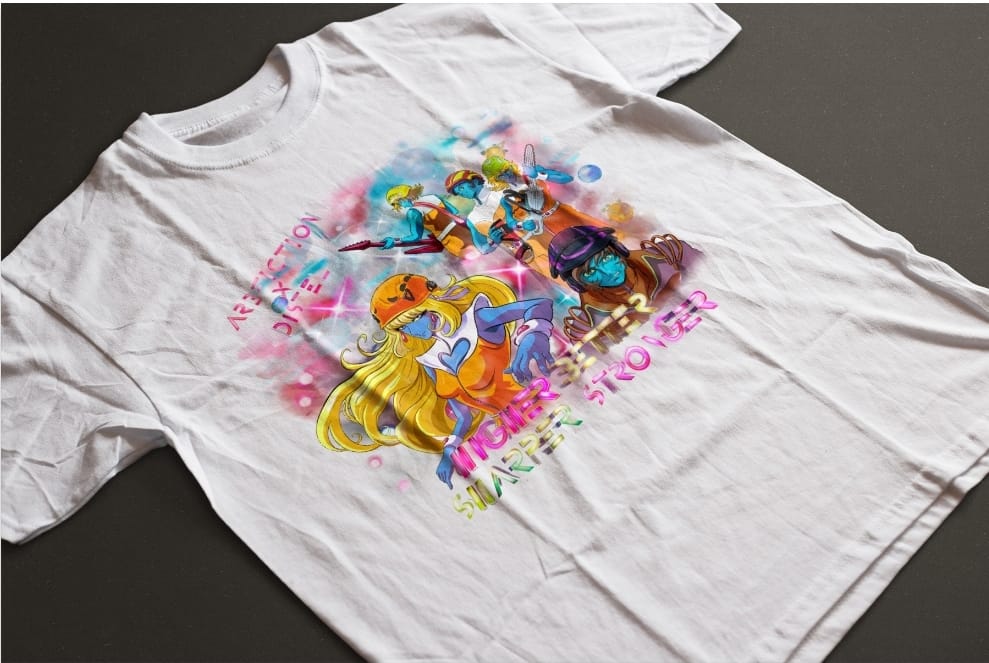 A white crew neck t-shirt with a colorful graphic print in the center, featuring a mix of human-like figures and abstract designs.