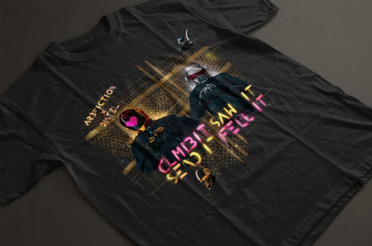 A white crew neck t-shirt with a colorful graphic print in the center, featuring a mix of human-robot hybrids and abstract designs.