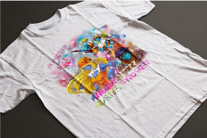 A white crew neck t-shirt with a colorful graphic print in the center, featuring a mix of human-like figures and abstract designs.